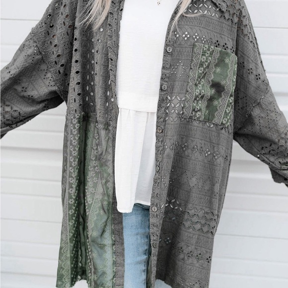 Duffel Green Eyelet Pattern Patchwork Oversized Button Up Shacket Bohemian style - Picture 4 of 15